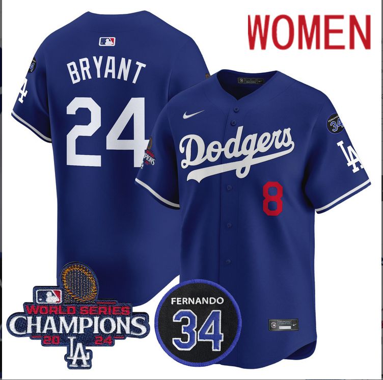 Women MLB Los Angeles Dodgers #24 Bryant blue 2024 World Series Champions Patch Limited Jersey